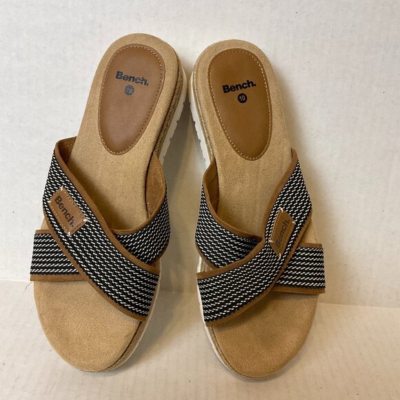 Bench Victoria Sandals 10 Brown Black White Slip On Cushioned Criss-Cross - Picture 2 of 11